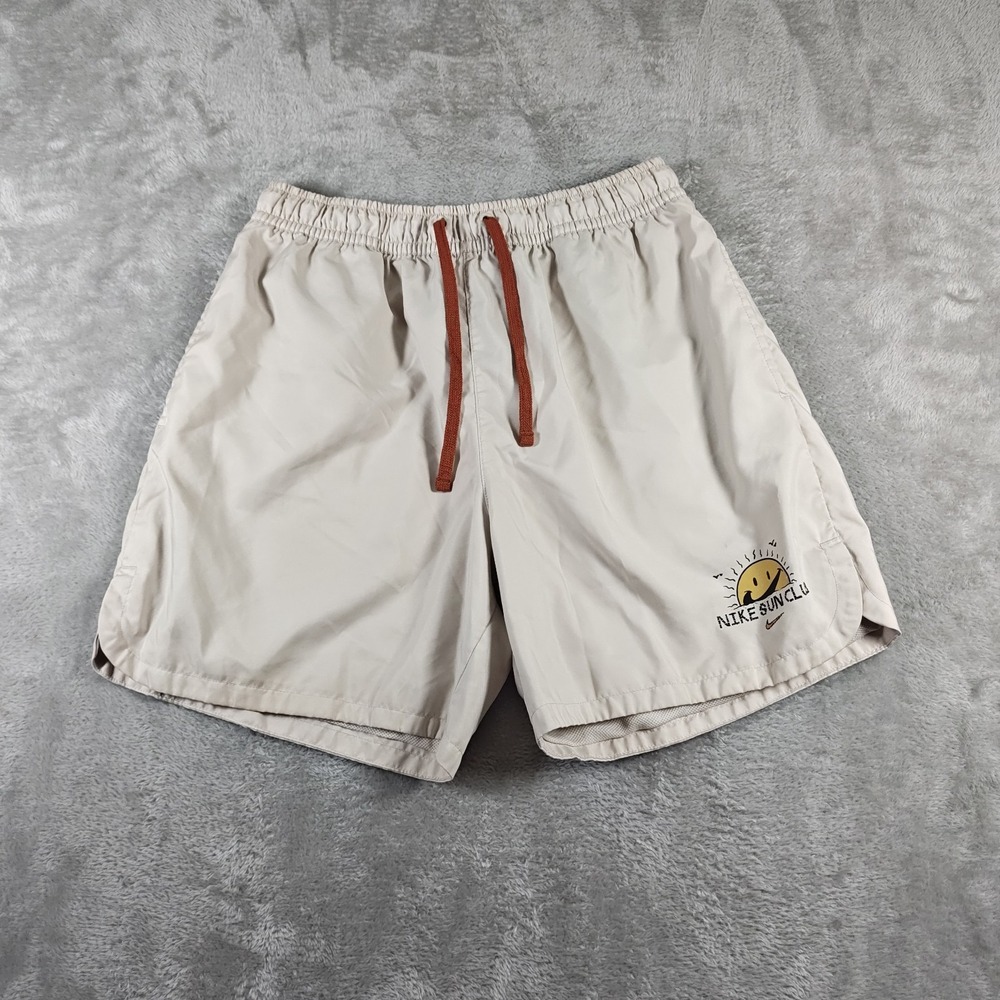Nike Shorts Men Medium Ivory Sun Club Mesh Lined Running Swim Trunks Embroidered